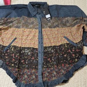Vintage  -Inspired Mixed Floral Patchwork Button-Up Jacket - Denim Trim